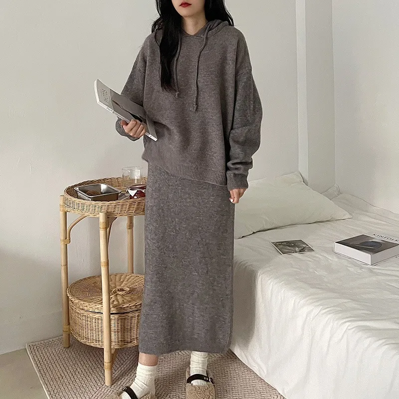 

Hooded Pullover Sweater Mid Length Skirt Two-piece Set for Autumn and Winter New Korean Edition Knitted Sweater Set