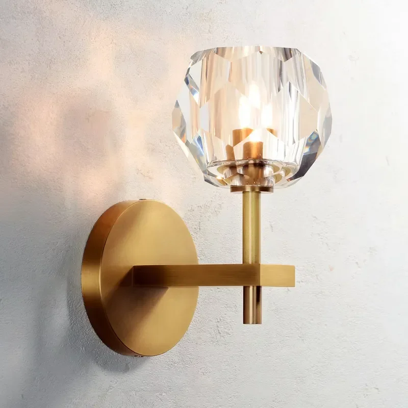 Modern Diamond Cut Crystal Wall Lamp Brushed Brass Base LED Light for Bathroom Guest Room Decor