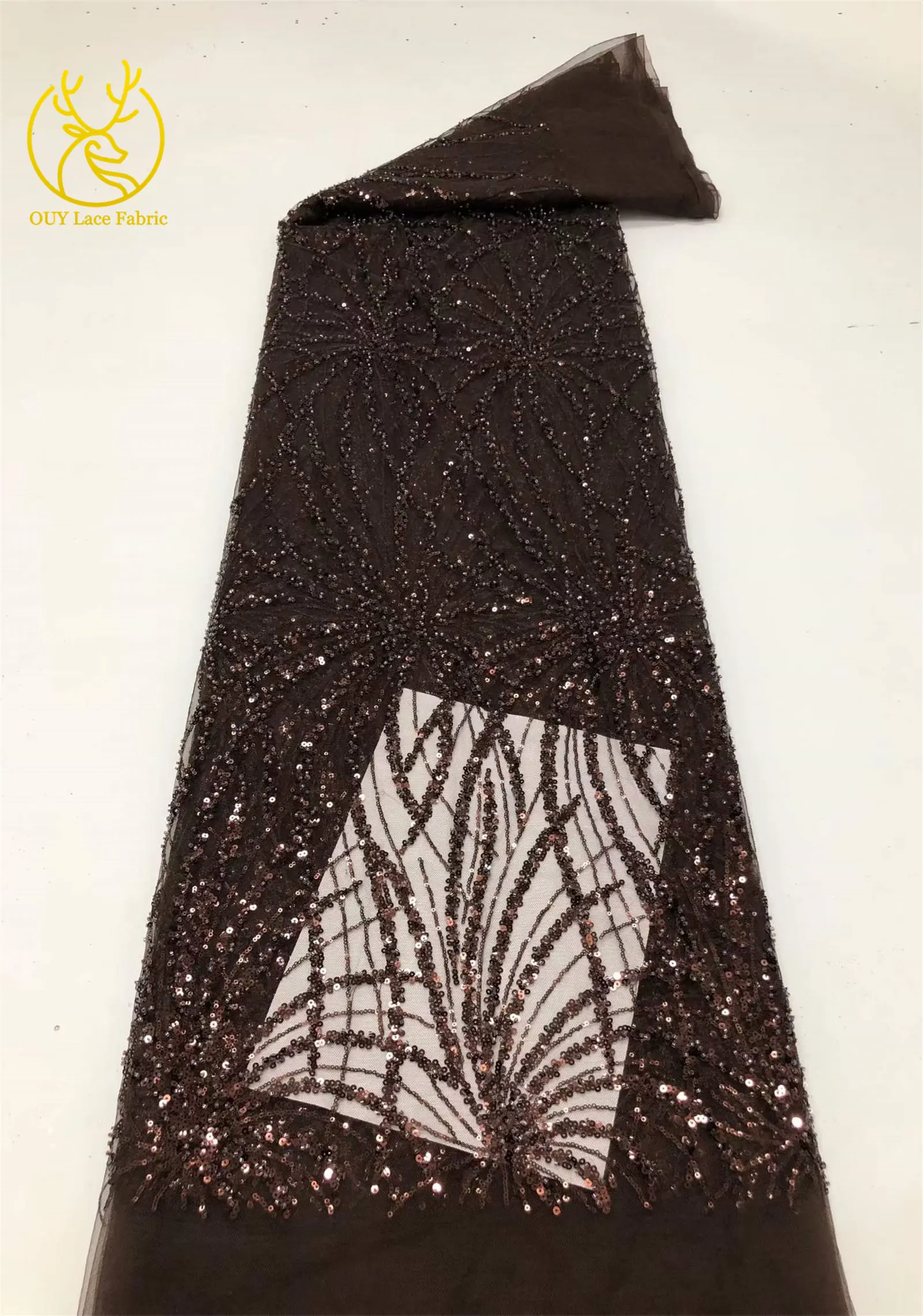 Grüner afrikanischer Perlen-Pailletten-Spitzenstoff, heiß begehrter französischer nigerianischer Tüll-Mesh-Stickerei-Spitzenstoff für Abendkleider – Detail 11