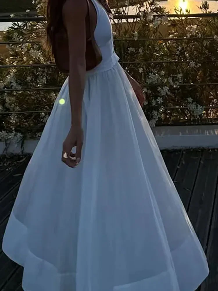 

Sexy Backless Summer Dress Casual Solid Color Sleeveless High Waist Beach Dress Elegant Women Halter Button Pleated A-line Dress