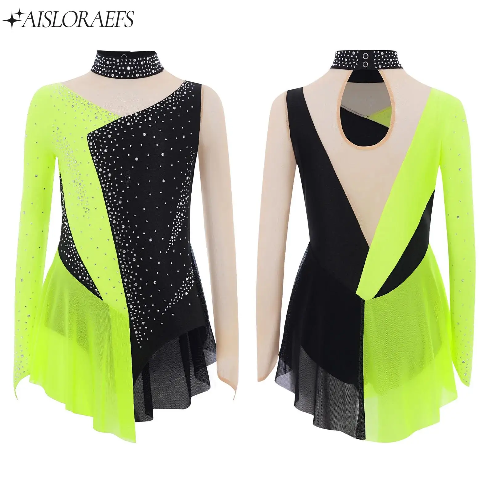 

Children Girls Gymnastics Ballet Leotard Lyrical Modern Dance Dress Rhinestone Mesh Bodysuit Figure Skating Performance Costumes