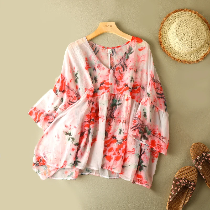 Retro Asymmetric Floral Print T-irt with Bell Sves V-Ne Splice Pleated plus Size Women's Summer Top for Commuting