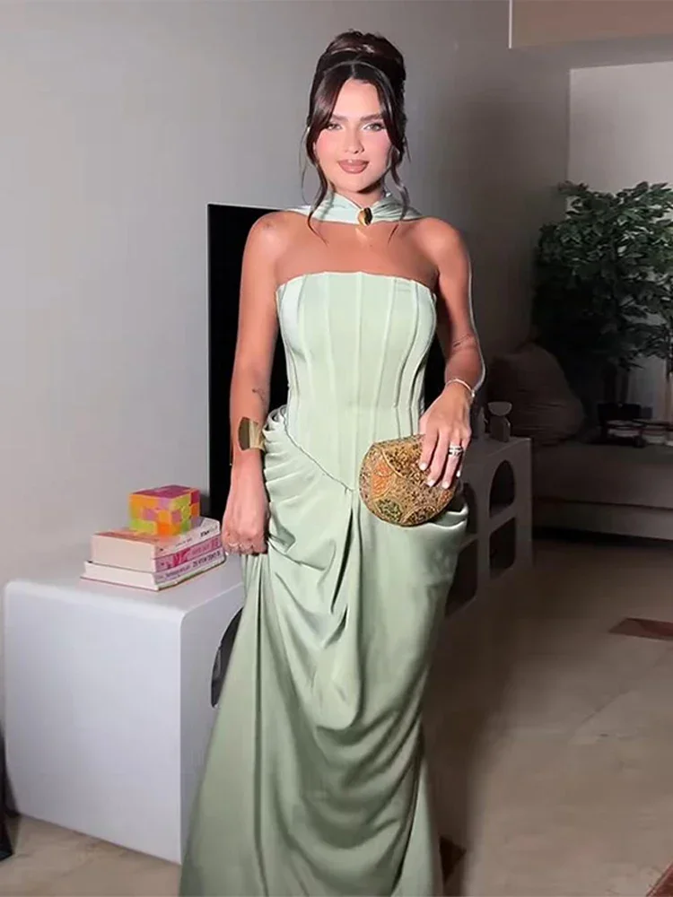 우아한 롱 드레스 여성 스트랩리스 슬리브리스 스카프 하이 웨이스트 베스티도 여성 2025 봄 여름 신상 시크 레이디 이브닝 드레스