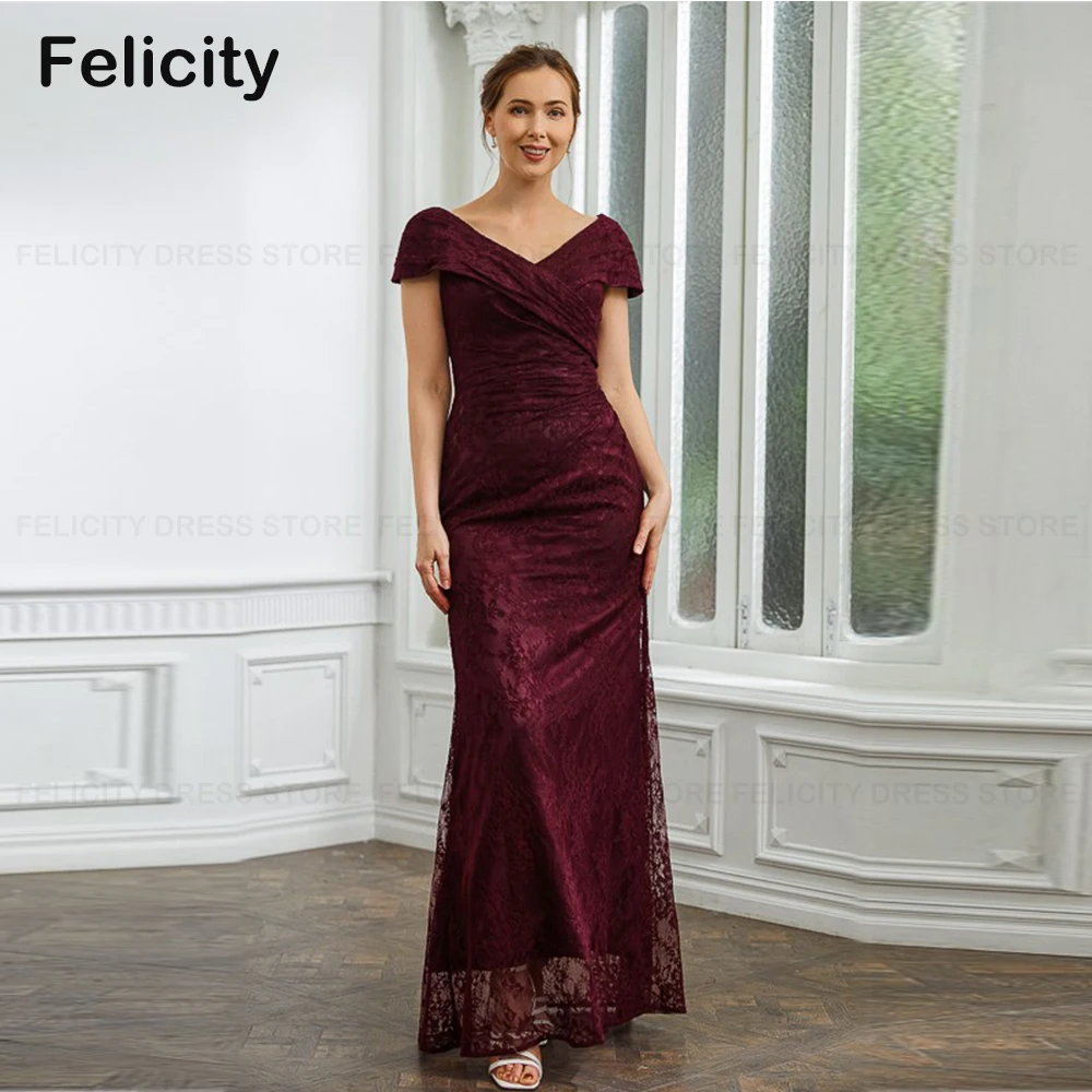 Exquisite Wedding Guest Dresses Sheath V-neck Mother of the Bride Dress 2023 Short Sleeve Floor-Length Pleated Lace Evening Gown