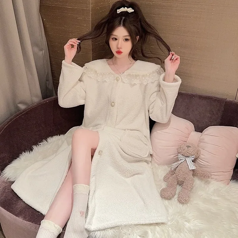 Nightgowns Women Turn-down Collar Ins Lace Princess Mid-length Homewear Trendy Sleepwear Bathing Coral Fleece Schoolgirls Cozy