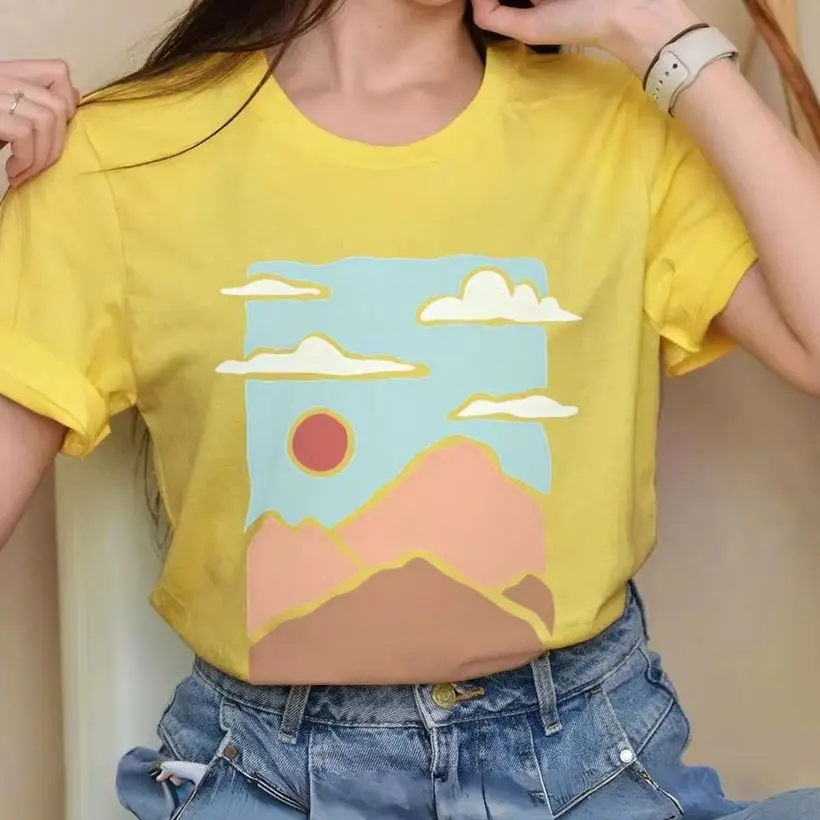 

Y2K Cotton Casual Women‘s T-Shirt Short Sleeve Round Neck Fitted Crop Top Cute Pink Cartoon Mountain Cloud Sun Colorful Lovely