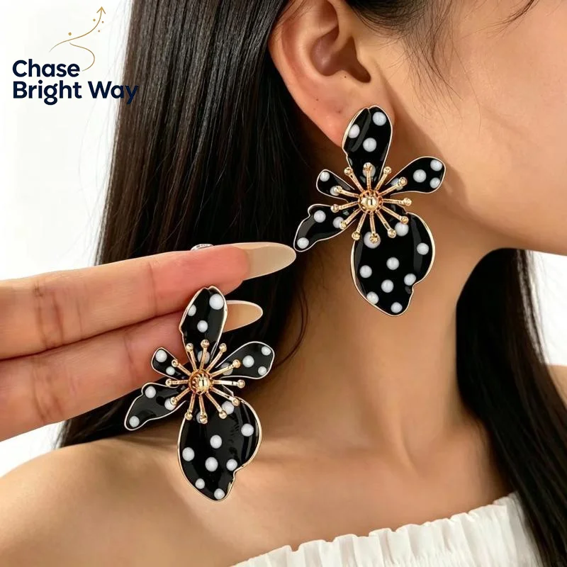 Flower Design Dangle Earrings Black White Faux Pearl Polka Dot Gold Accent Lightweight for Daily All-Match Wear
