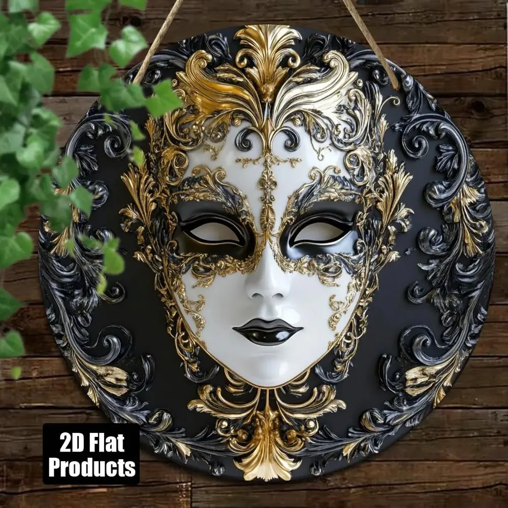Carnival Mask Wall Decor Retro 2D Wooden Sign Black Gold Swirl for Home Office