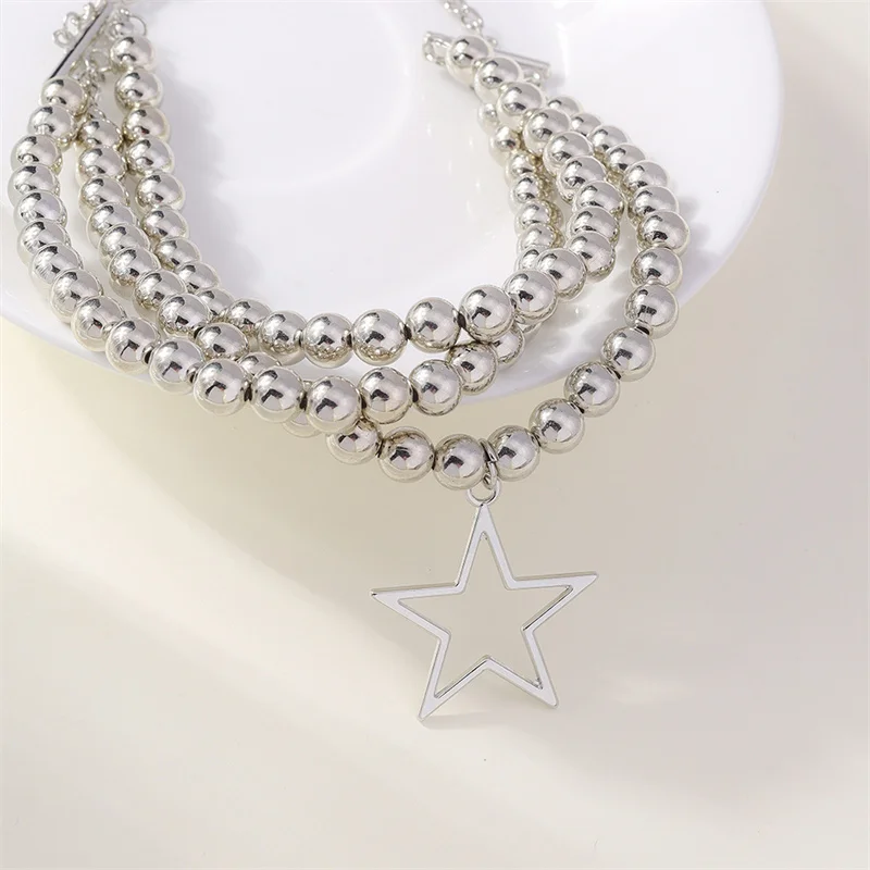 Aihua Mehrschichtige Perlenkette mit runden CCB-Kugeln für Damen, Statement-Halskette mit Sternanhänger, Choker, Y2K-Schmuckgeschenke – Detail 3