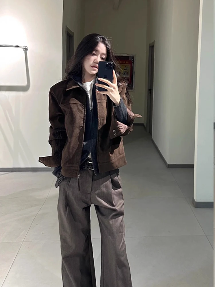 Barn Sle Suede ort Workwear Jaet ex Stand Collar Retro American Baseball Coat Zipper Closure Loose Fit Outerwear view 4