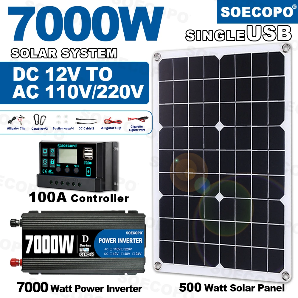 SOECOPO 7000W Solar System Kit (DC 12V To AC 110V220V) Inverter 500W Solar Panel 100A Controller Shed/Lighting/Camping/Home