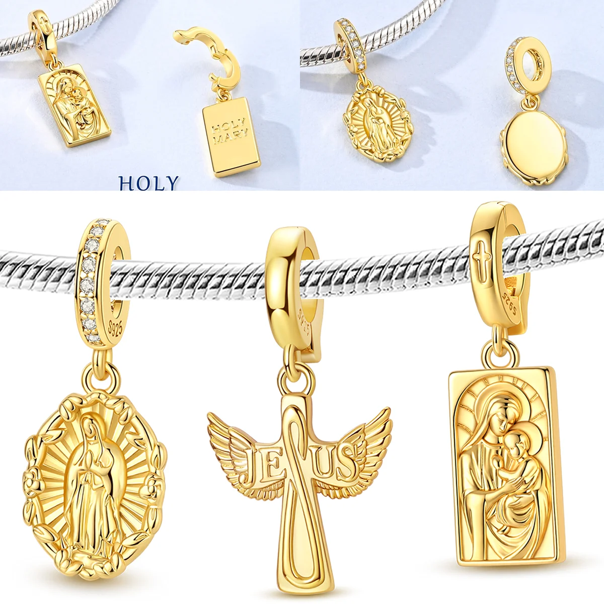 

Golden Jesus Charms Bead 925 Sterling Silver CZ Zircon Sparkling Holy Mary Dangle Fit Original Bracelet DIY Jewelry Gift