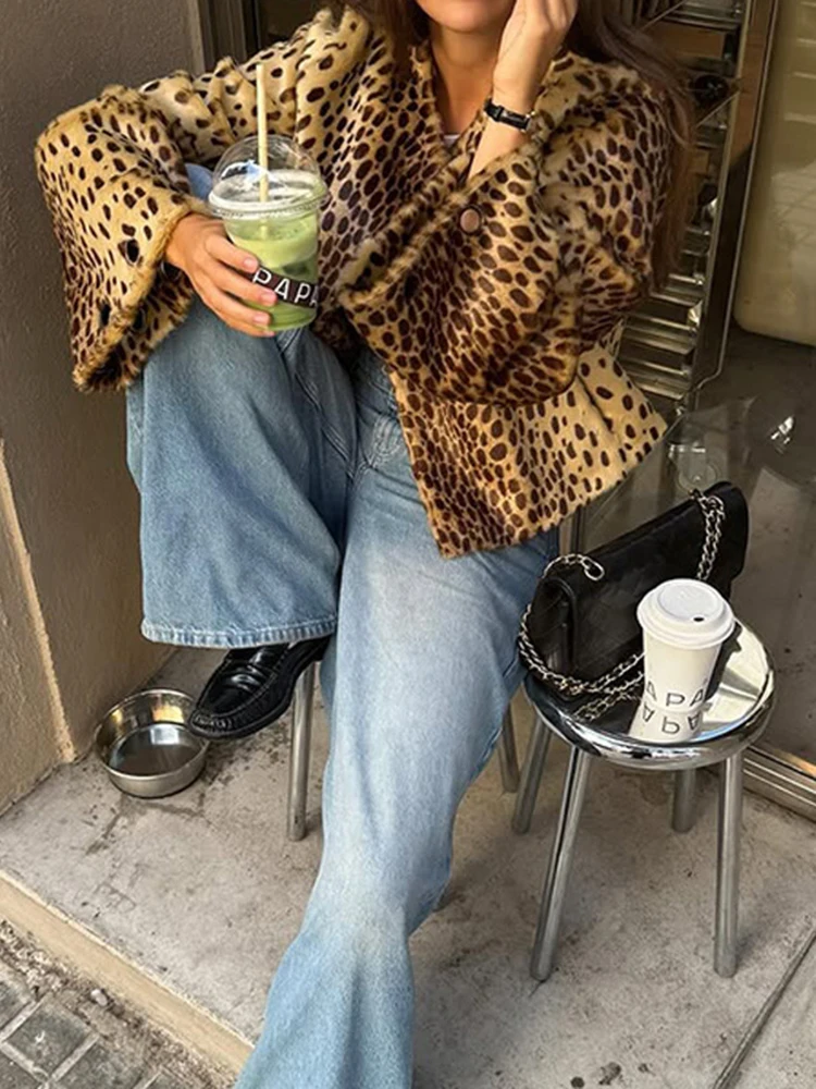 Abrigo informal de piel con una hilera de botones para mujer, abrigo cálido a la moda con estampado de leopardo de calle, prendas de vestir de manga larga con cuello redondo para ir al trabajo