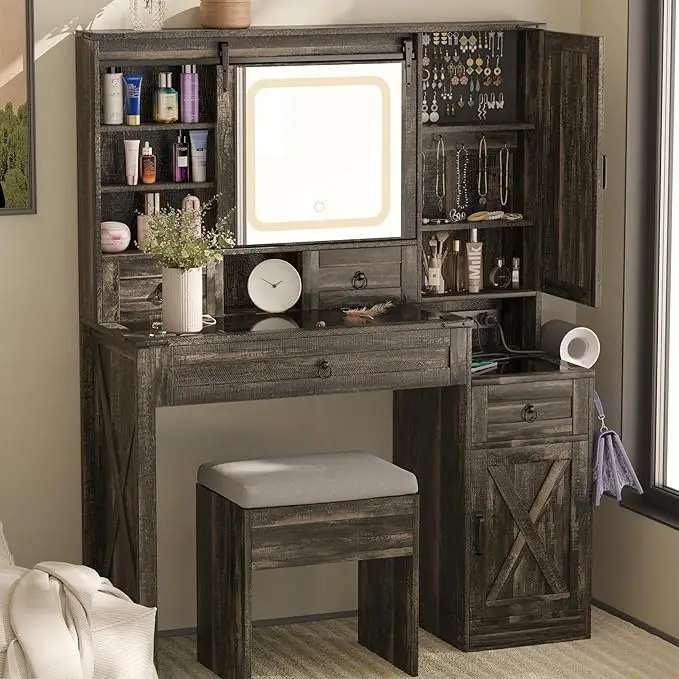 

Black Vanity Desk with Mirror and Lights, LED Vanity with Power Outlet Makeup Desk with 2 Drawers