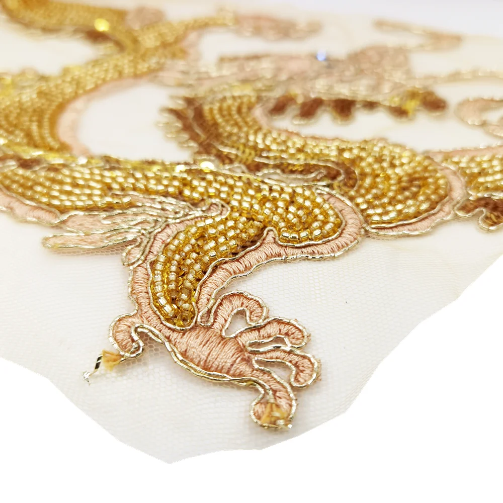 Beaded Gold Dragon Applique Sequin Embroidery Patch Chinese Applique Patches For Clothing 3D Appliques Parches Sew On AC1615