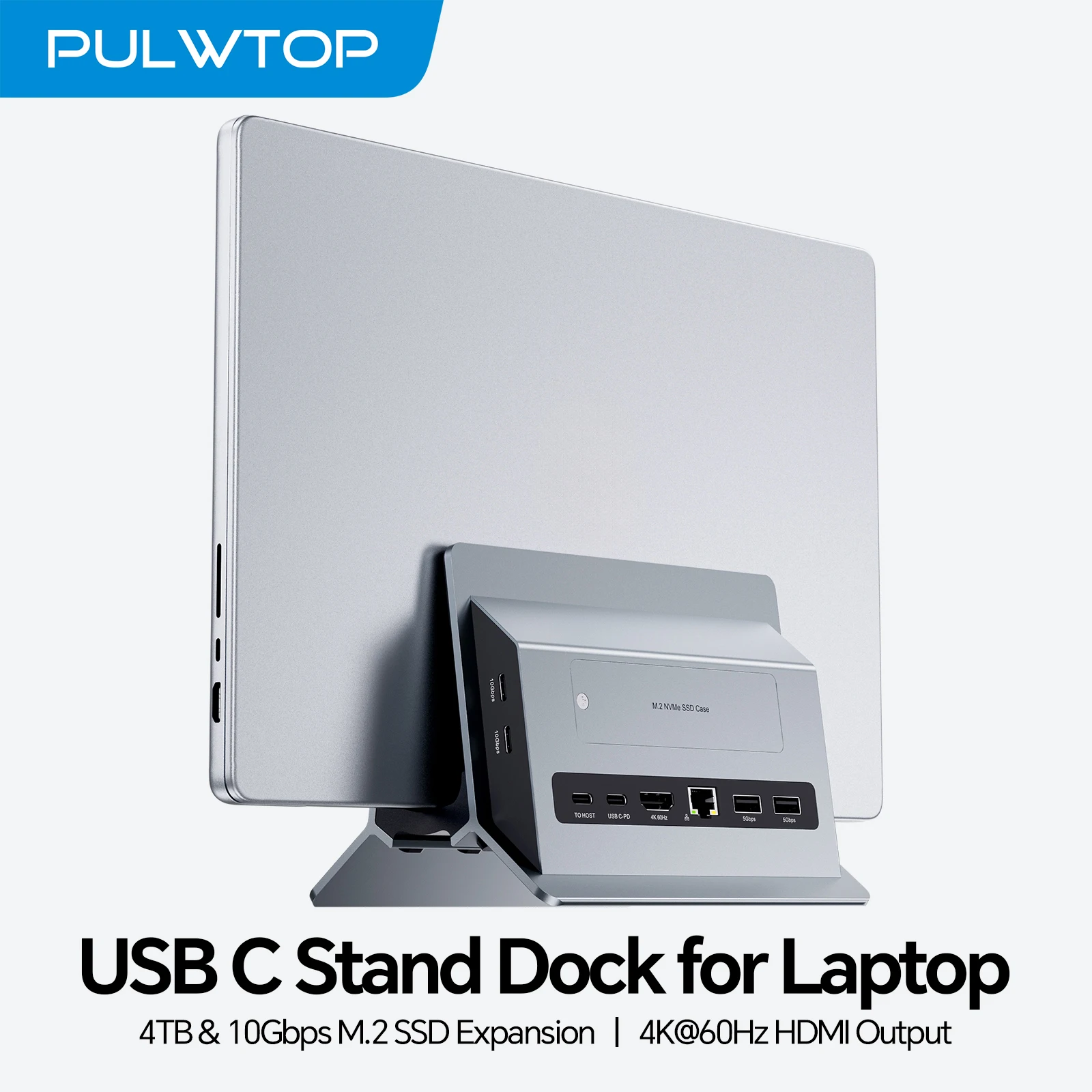 

Вертикальная док-станция PULWTOP USB C с корпусом M.2 NVMe SSD, HDMI, USB A/C, RJ45, SD/TF, PD для ноутбуков MacBook Pro/Air, Type-C