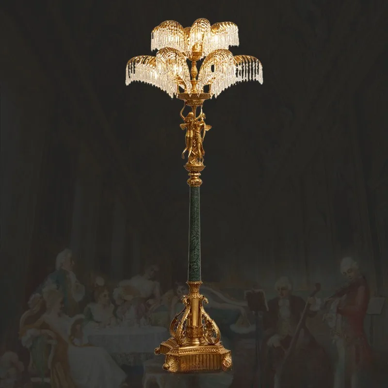 French vintage all-copper large k9 crystal floor lamp European style villa luxury hall entrance living room decorative lamp