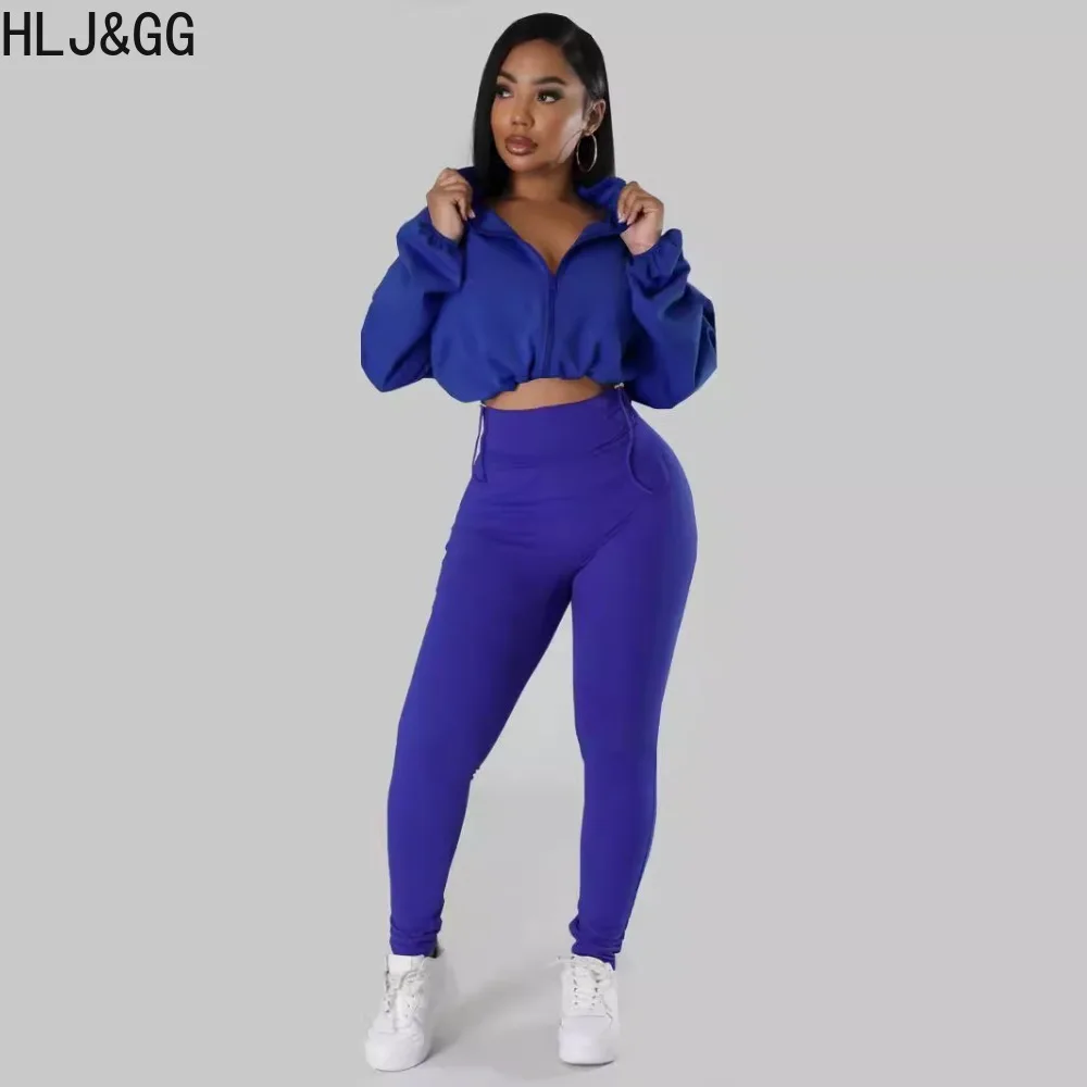 HLJ&GG Autumn White Casual Solid Color Sporty Skinny Pants Two Piece Sets Women Zipper Long Sleeve Crop Top + Pants Outfits 2024