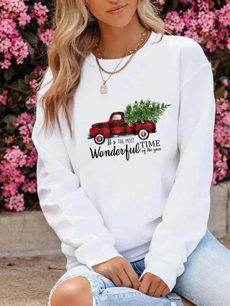 Truck Tree Cute Festival Clothing Christmas O-neck Fashion New Year Fashion Graphic Sweatshirts Casual Women Print Pullovers