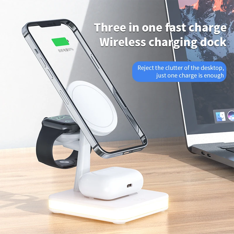 3 in 1 Mag-Safe Charger Stand for iPhone 13 14 Pro Magnetic Wireless Charging Station with Night Light for Apple iWatch Airpods