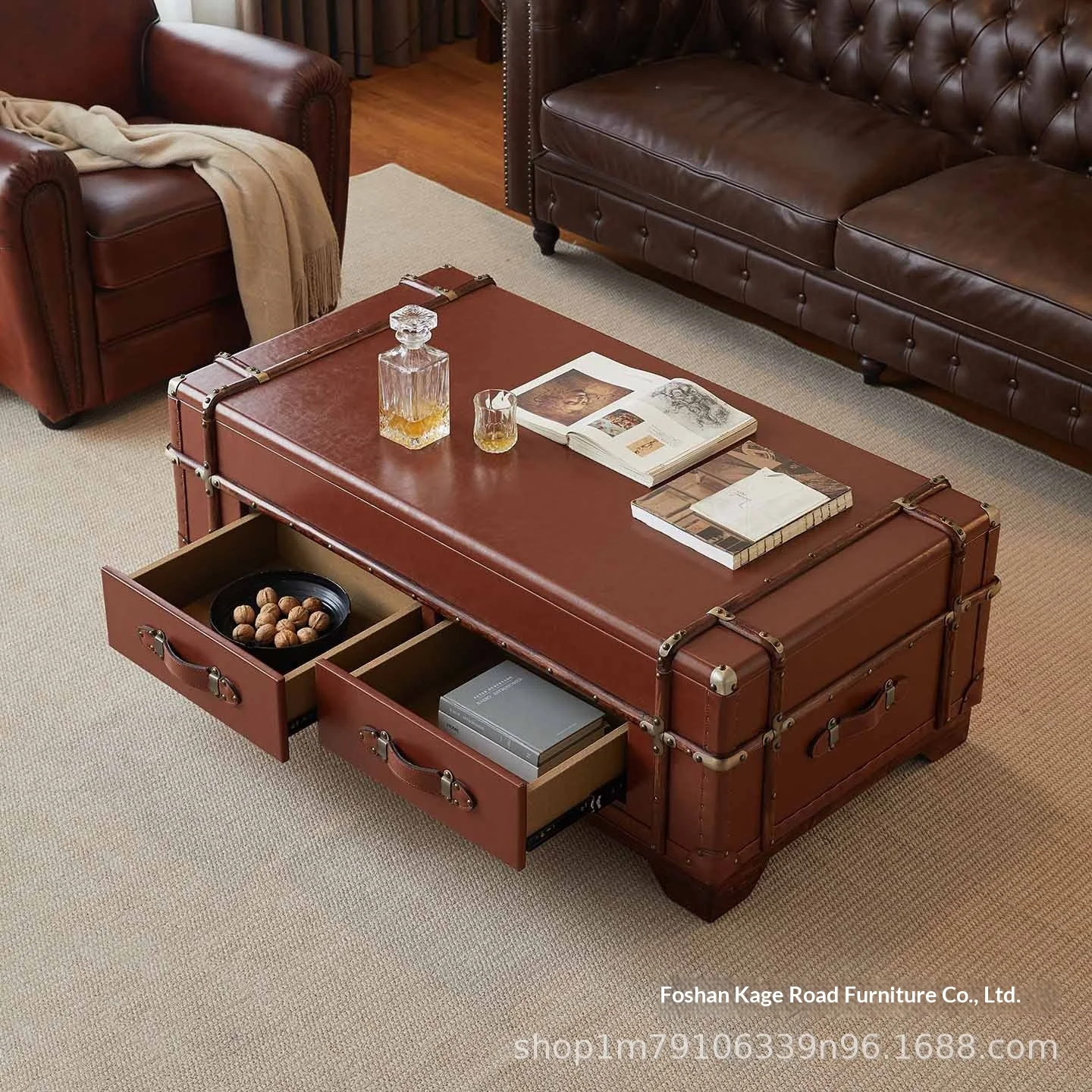 American-Style Retro Solid Wood Coffee Table PVC Top Adjustable Storage Compartment Multi-Functional Lifting Storage Table
