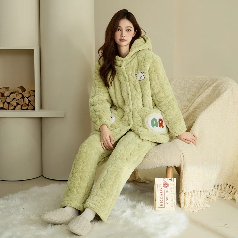 High Quality Winter Women Pajamas Set 3 Layer Clip Cotton Pijama Female Thick Warm Hooded Sleepwear