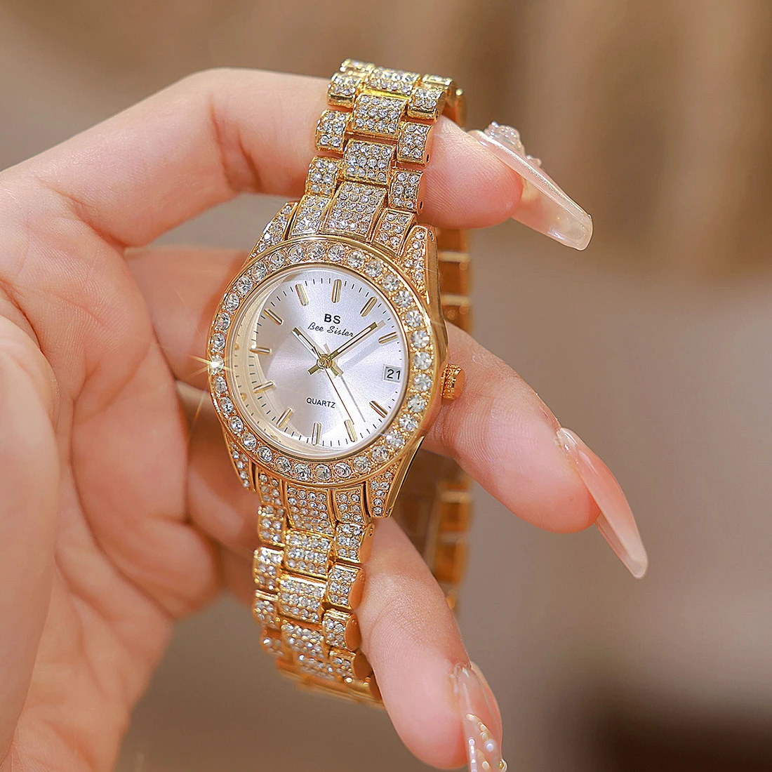 BS Original Brand Watch For Women Diamond Luxury Watch Stainless Steel Quartz Watches Ladies Fashion Gold Rhinestone Wristwatch