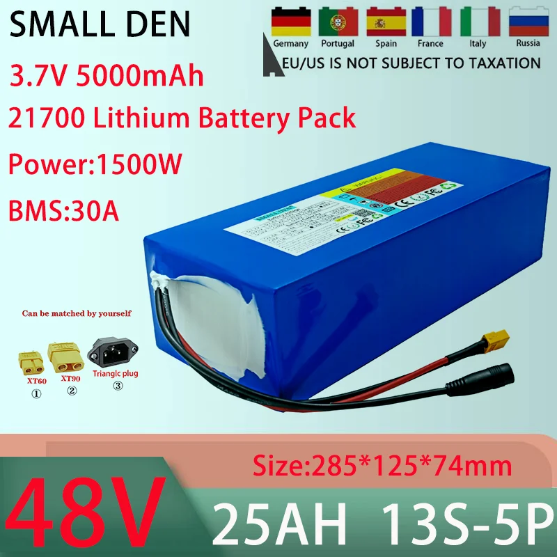 New 48V 25AH 13S5P 21700 lithium battery pack With 30A BMS 100-1500W high-power rechargeable battery+54.6V 5A charger