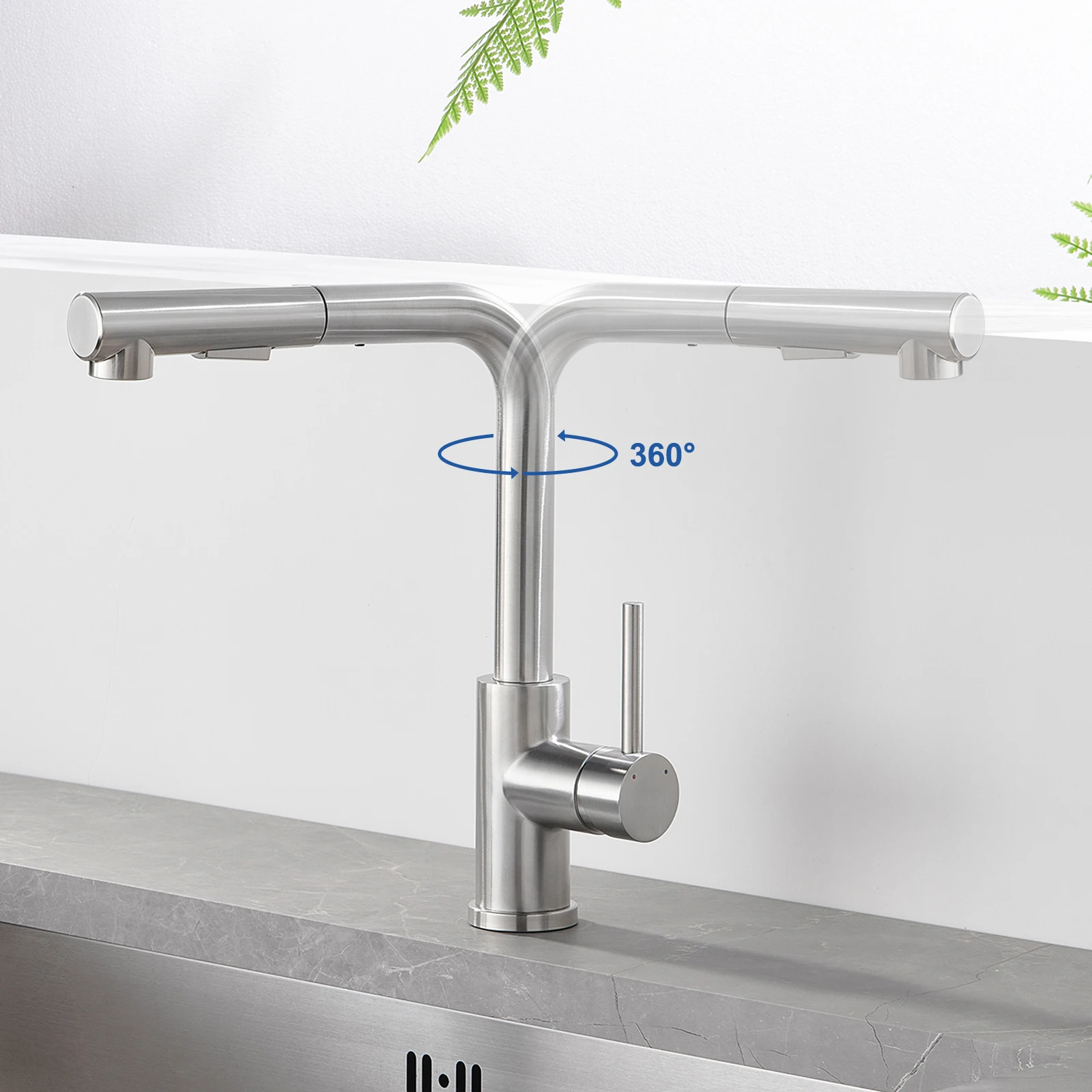 صنبور المطبخ Oeegoo Pull Out، 360 ° صنبور مطبخ دوار مع دش قابل للتمديد، صنبور حوض عالي الضغط مع وضعين للرش