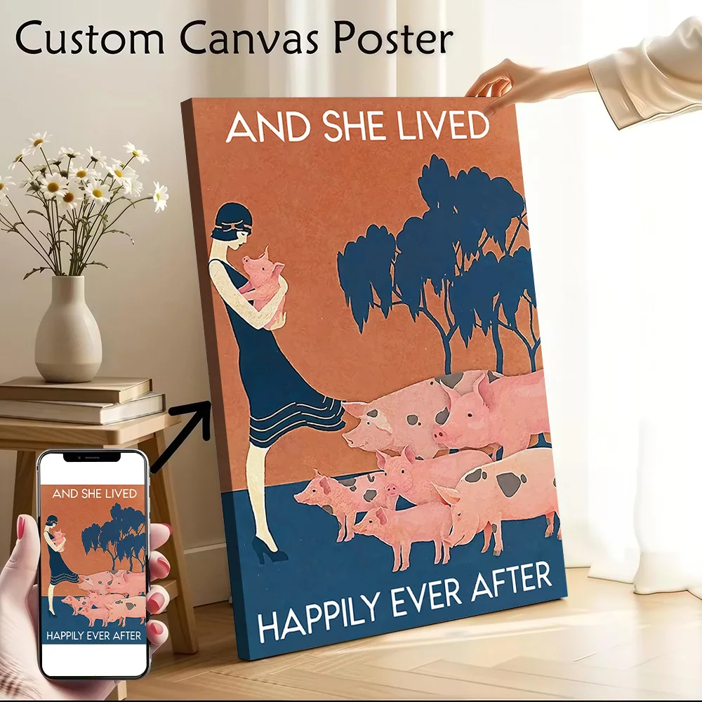Pig And She Lived Happily Canvas Poster Wall Art Customizable High Quality Printed Picture for Vintage Decor Living Room Bedroom