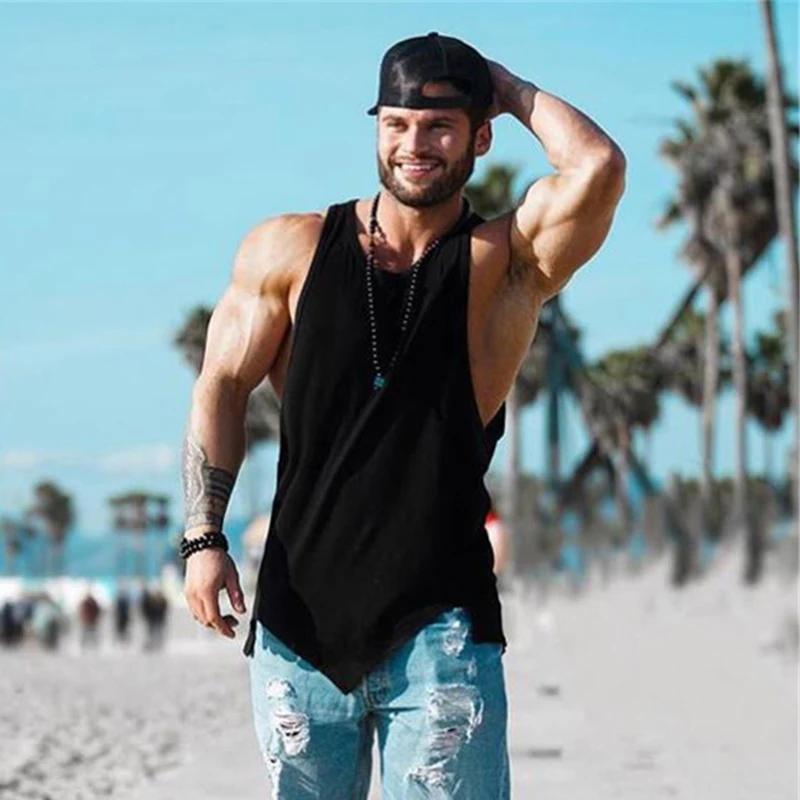 

Summer Mens Running Vests Blank Bodybuilding Tank Tops Men Gym Stringer Fitness Sports Cotton Muscle Workout Irregular hem Tank