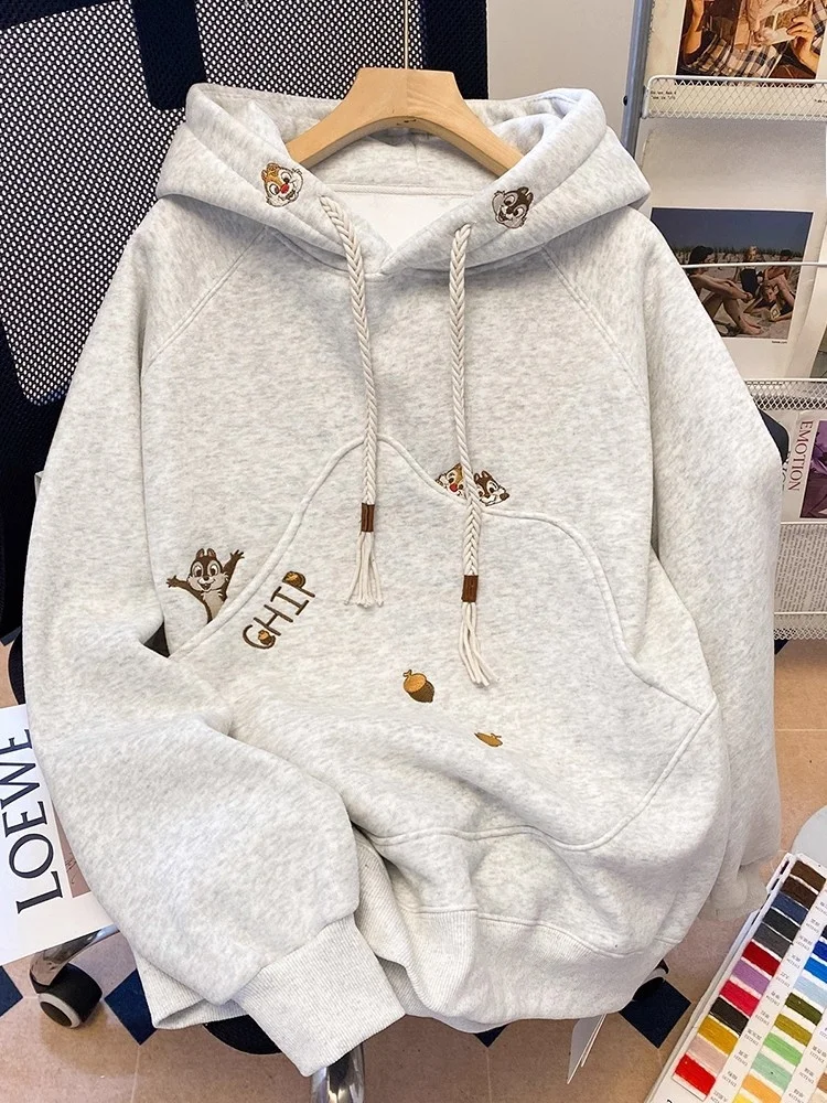 

Autumn Winter Women's Loose Fit Fleece Lined Hoodie Embroidered Cartoon Print Casual Outerwear Korean Style plus Size Coat