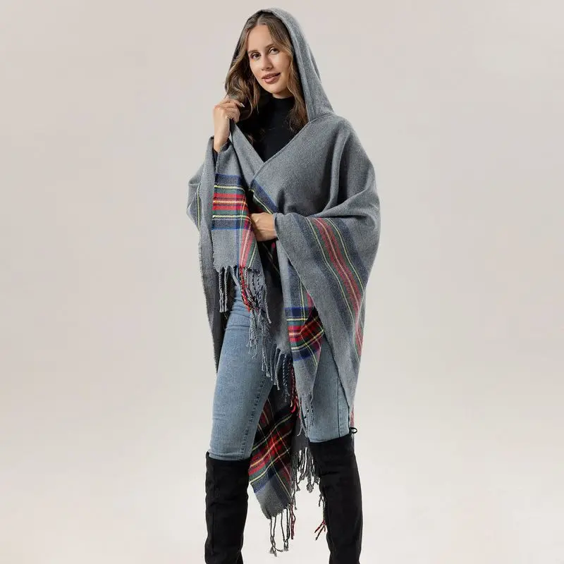 Tassel Warm Hooded Cape Shawl Travel Scarf Large Cloak for Women