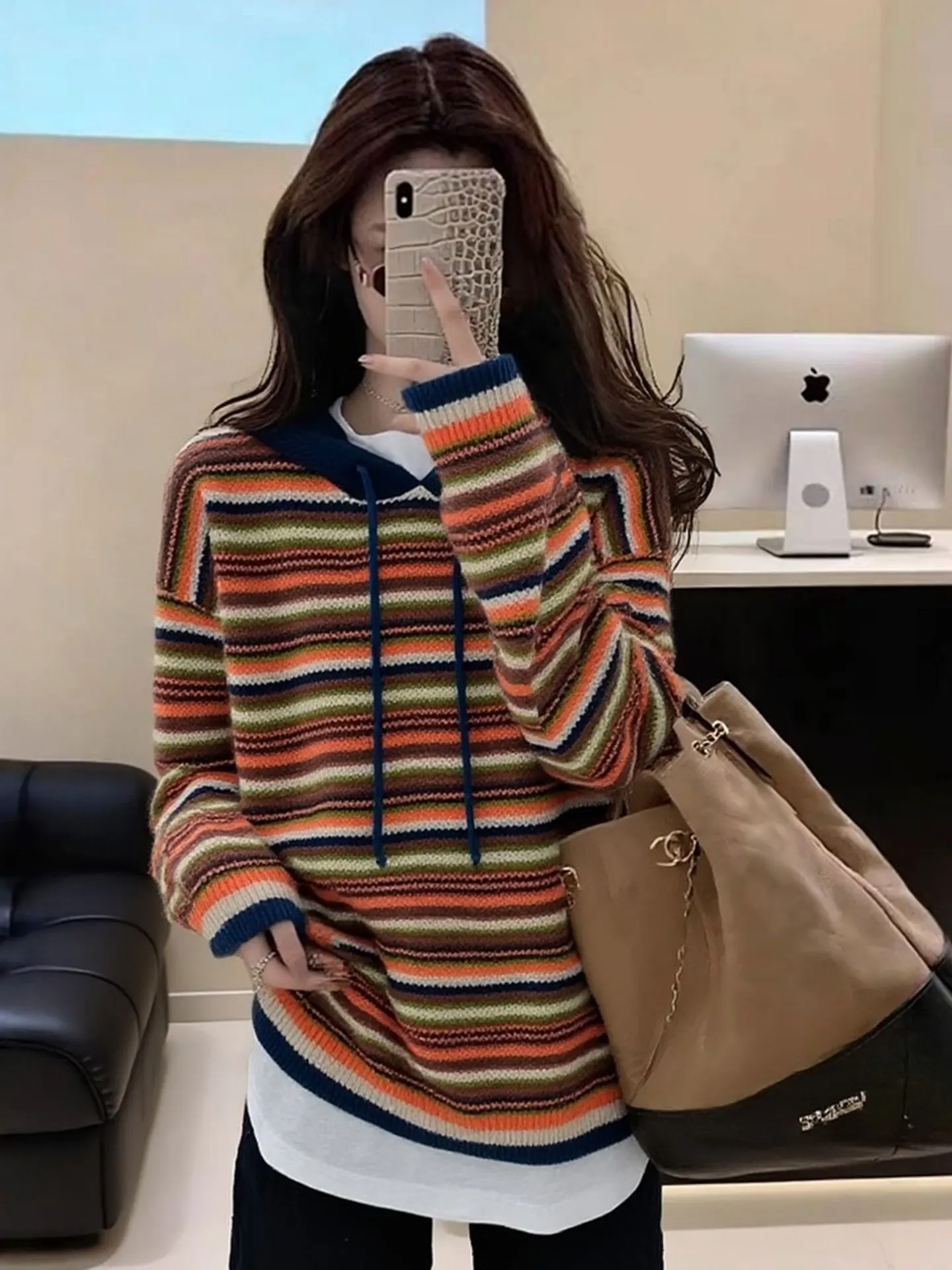 

Faionable Knitted Sweater Women's Winter 2026 Long Sve Dstring Hooded Striped Top Warm Thermal Korean Sle Regular Fit