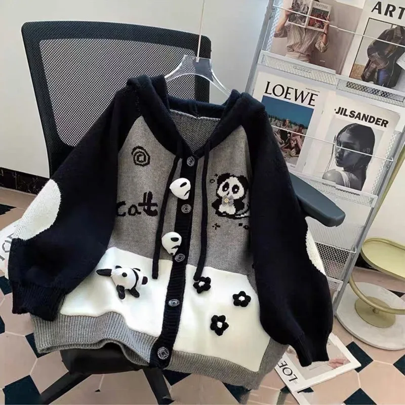 

Oversize Knitted Cardigan Cute Panda Hooded Sweater Autumn Winter New Loose Lazy Style Knitted Cardigan Women Coat Y2k Clothes
