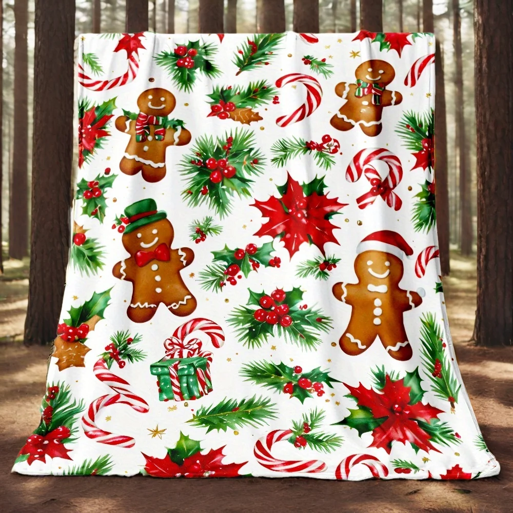 White Poinsettia Holly Berry Gingerbread Repeat Throw Blanket Forest Background Winter Christmas Couch Bedroom Cover