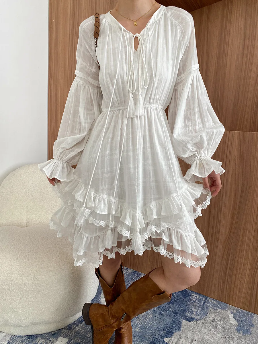 Francês vintage branco solto mini vestido feminino primavera outono férias cinto gravata irregular manga longa em camadas casual senhoras vestido novo