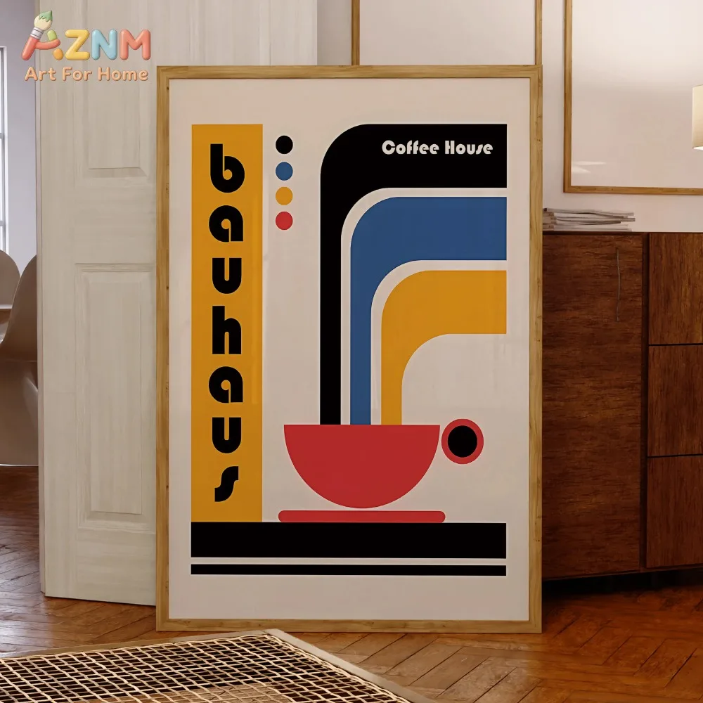 AZNM Bauhaus Coffee House Canvas Wall Art, Mid Century Modern Geometric Unframed Poster for Kitchen Cafe Decor