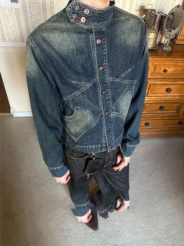 

Retro American Waed Denim Jaet Men's Design Deconstructed Patchwork Stand Collar Capl Autumn Jaet Cotton Polyester