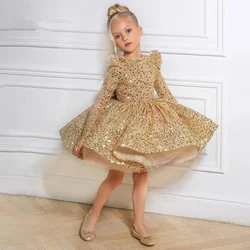 Children Clothing Baby Girl Puffy Gauze Dresses Birthday Elegant Princess Prom Dress for Kids Gold Sequin Long Sleeve Ball Gown