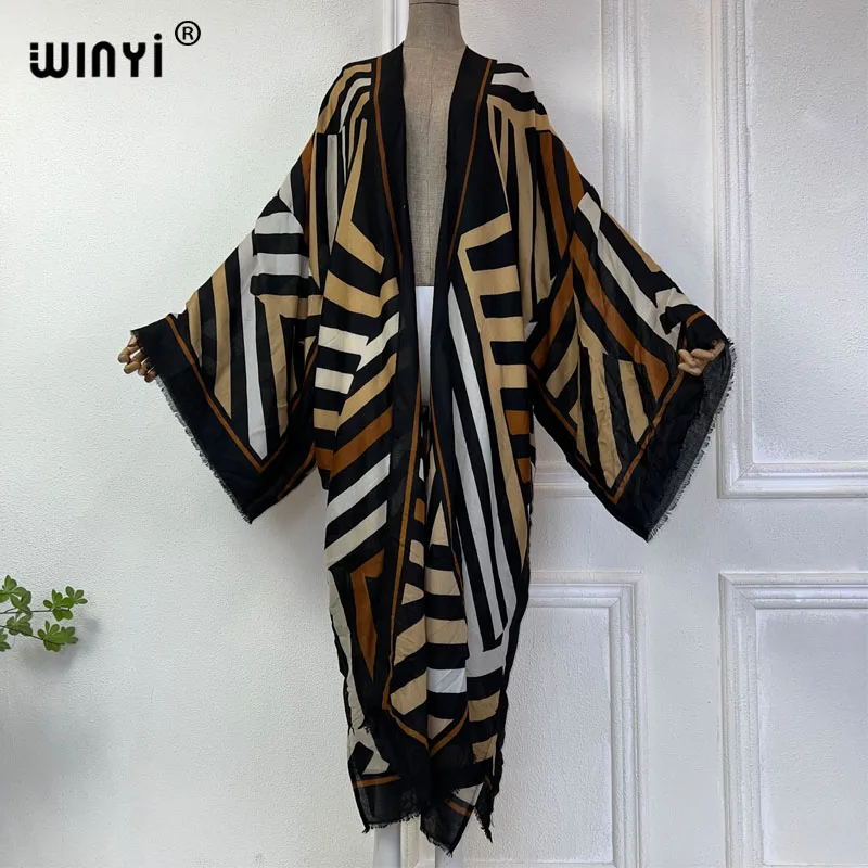 WINYI stampa geometrica beach cover up costume da bagno elegante donna africana boho Cardigan sexy Holiday manica lunga Kimono maxi dress