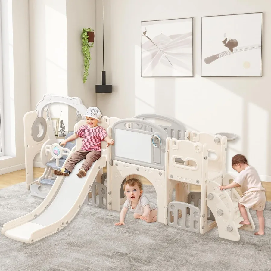 Outdoor-Kletterer-Spielset für Kleinkinder mit Basketball für Kinder von 1 bis 3 Jahren, Rutsche und Schaukelset, 12-in-1-Spielplatz, Indoor-Rutsche für D