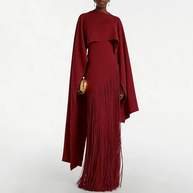 

Модное вечернее платье с бахромой и пэчворком, сексуальное платье без бретелек с накидкой, однотонное, весеннее, с завышенной талией, плиссированное, длинное.