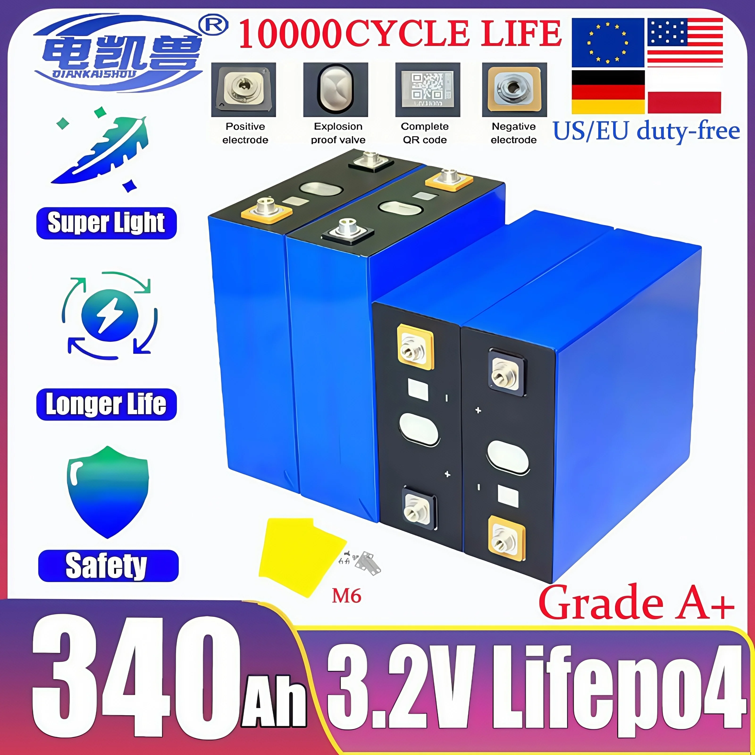 

New A-grade 3.2v 340ah LiFePo4 Rechargeable battery DIY 12V 24v 48v Solar energy storage system for electric vehicles No tax