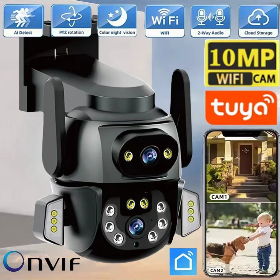 

5K 10MP Tuya Dual Lens PTZ WIFI Camera Full HD Dual Screen 4K Security Video Surveillance Camera Ai Human Auto Tracking Outdoor