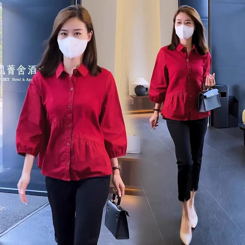 

Simple Solid Single Breasted Blouses Women Summer Temperament Commute Three Quarter Sleeves Shirts Casual Office Lady Outfits