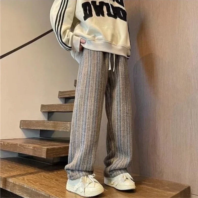 Autumn Striped Woolen Straight Leg Pants For Men Classic Y2K Vintage Baggy Trousers New Casual High Street Fashion Sweatpants