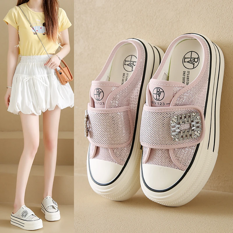 

Модные женские прогулочные туфли на платформе с толстой подошвой и сеткой 2025 года, женские повседневные лоферы без шнуровки с открытой спиной для летних шлепанцев Женская Обувь