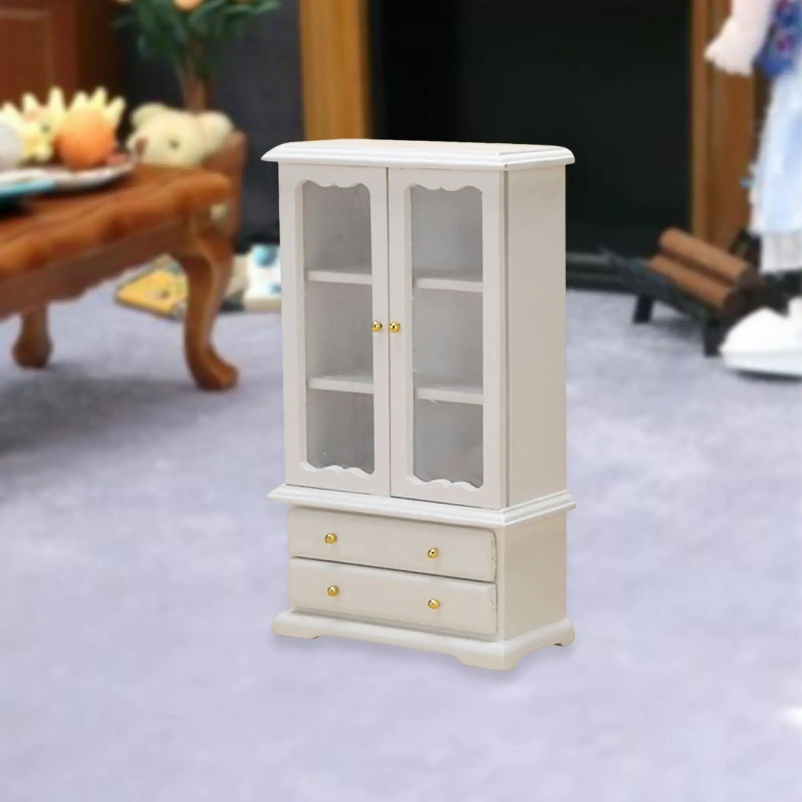 1/12 ตู้หนังสือบ้านตุ๊กตาพร้อมประตูคู่ เฟอร์นิเจอร์ไม้จิ๋ว สีขาว