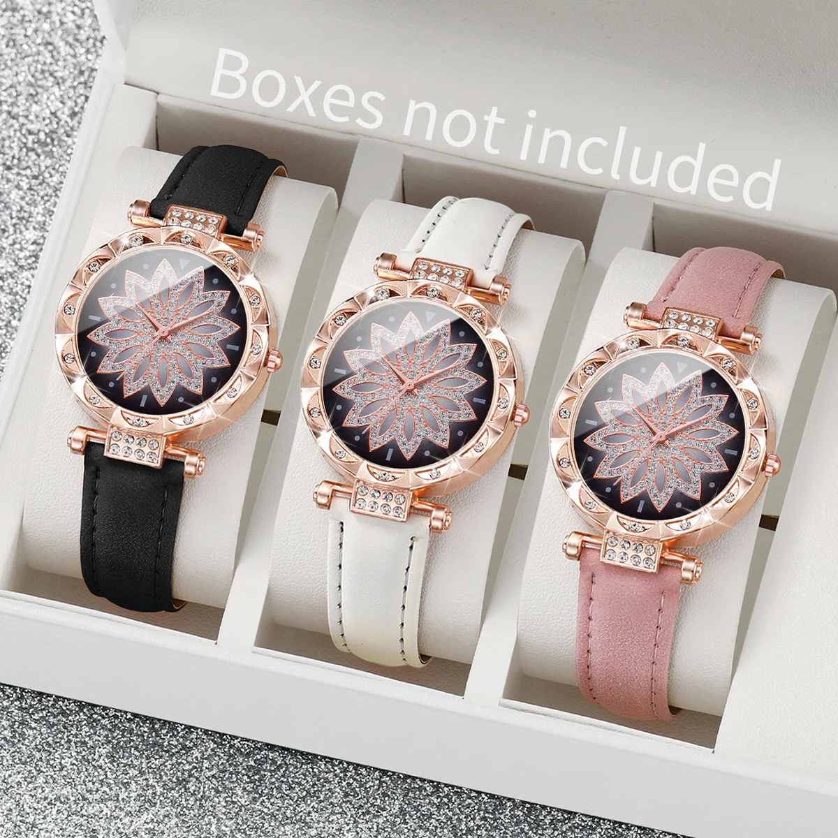 3pcs/set Women Fashion Leather Strap Flower Dial Quartz Watch Black White Pink Set